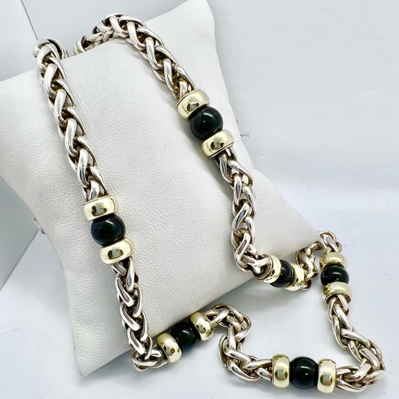 David Yurman 14k Yellow Gold & Sterling Silver Black Onyx Wheat Chain Necklace - Picture 7 of 12